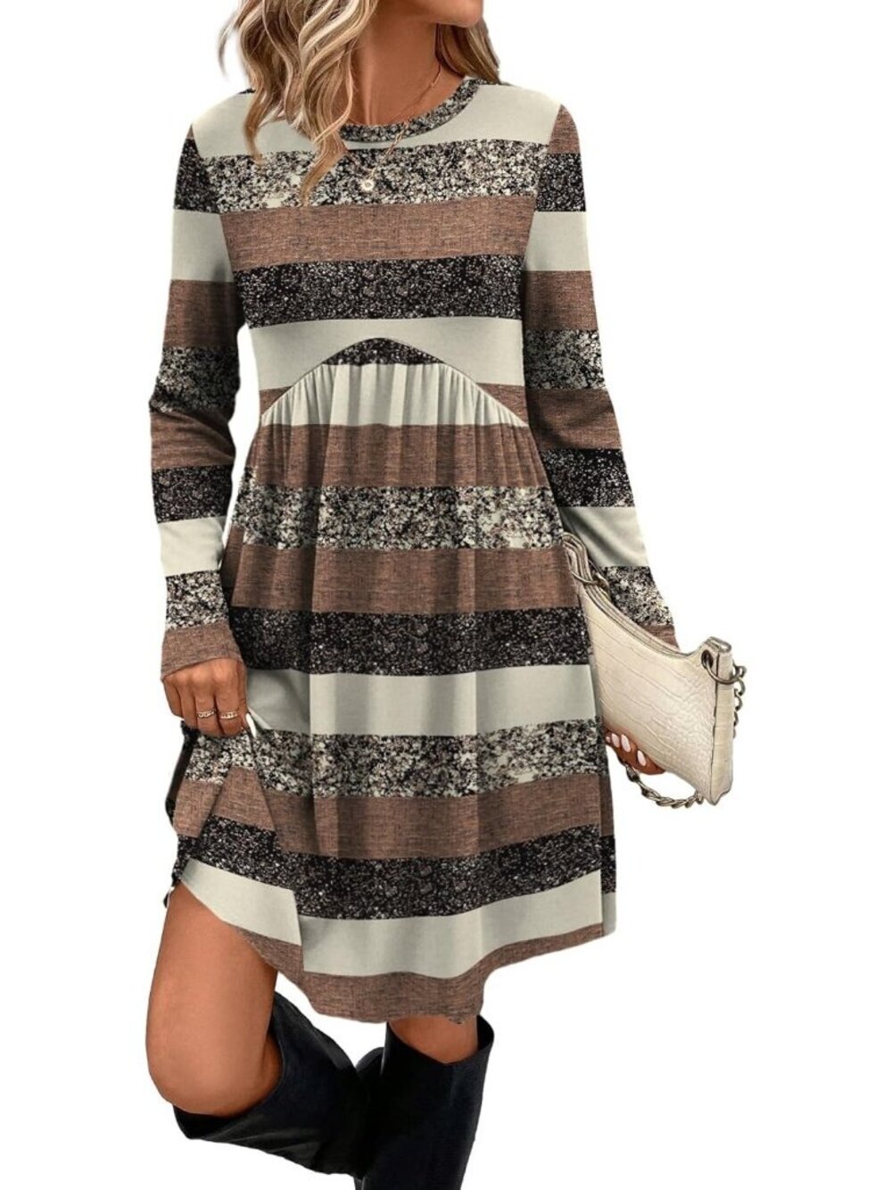 Women's Brown Striped Long Sleeve Crew Neck Empire Waist Tunic Mini Dress